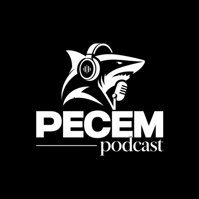 Logo de PECEM Podcast: tiburón con audífonos y micrófono